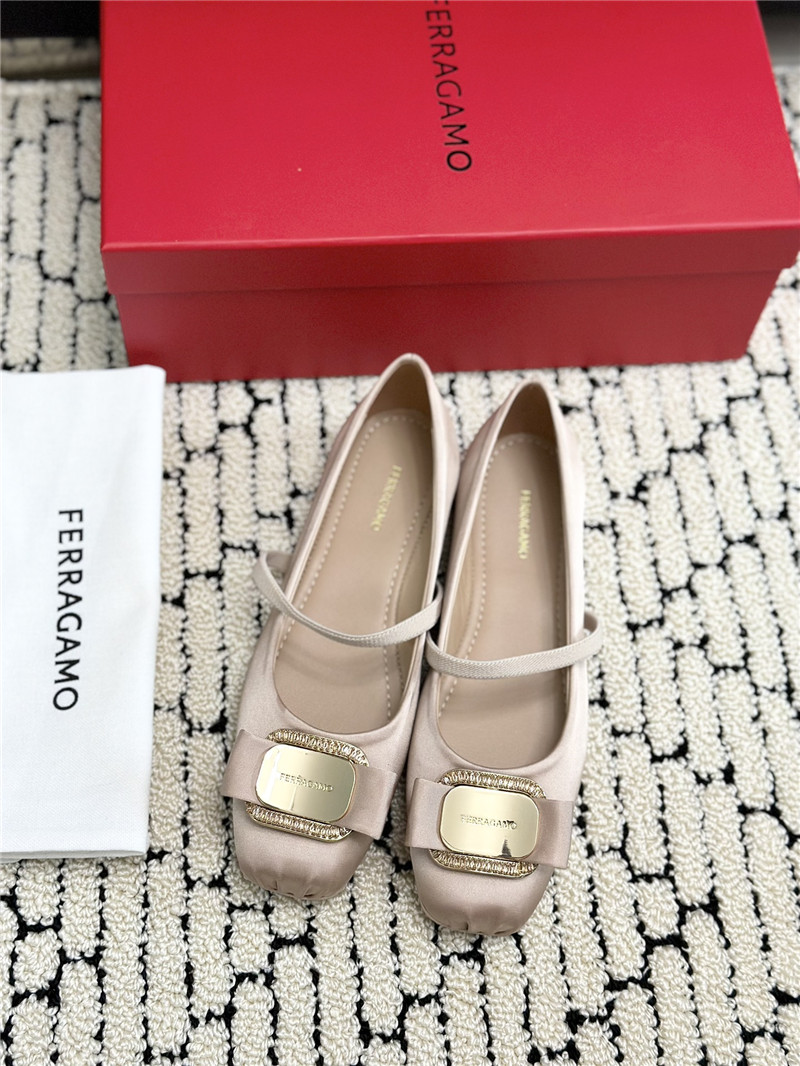 Ferragamo New Vara Plate Ballet Flat Neutral Silk