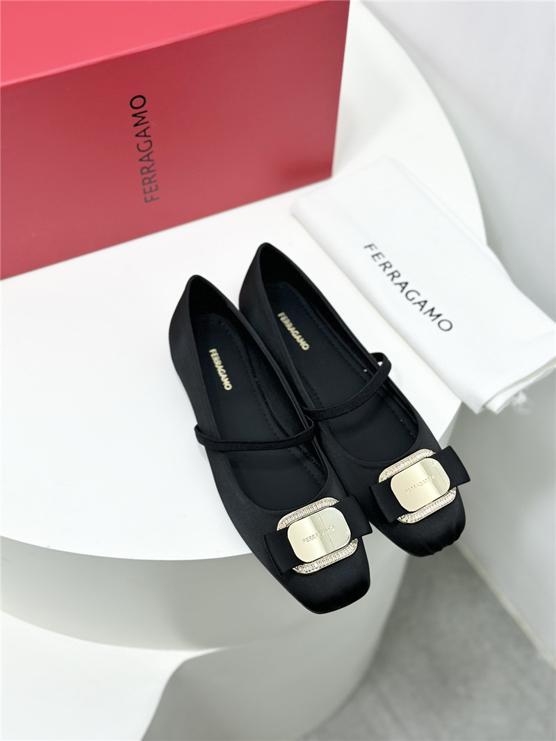 Ferragamo New Vara Plate Ballet Flat Black Silk