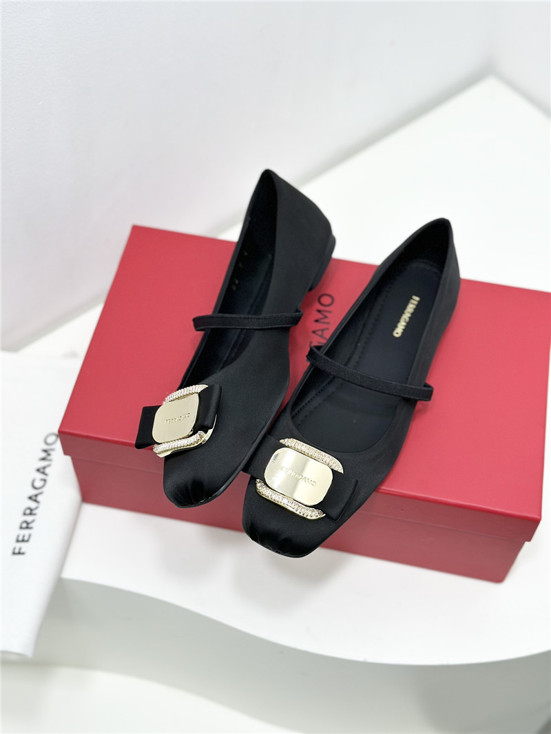 Ferragamo New Vara Plate Ballet Flat Black Silk