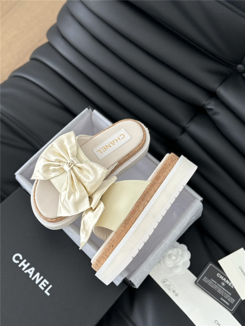 Ch**el silk bow leather platform sandals with crystal Ch**el ivory