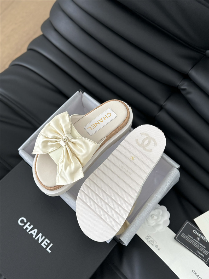 Ch**el silk bow leather platform sandals with crystal Ch**el ivory