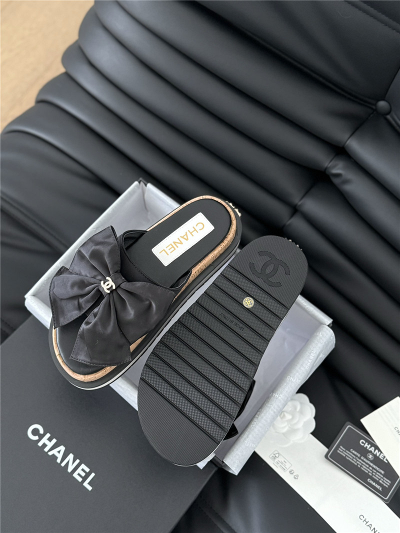 Ch**el silk bow leather platform sandals with crystal Ch**el black