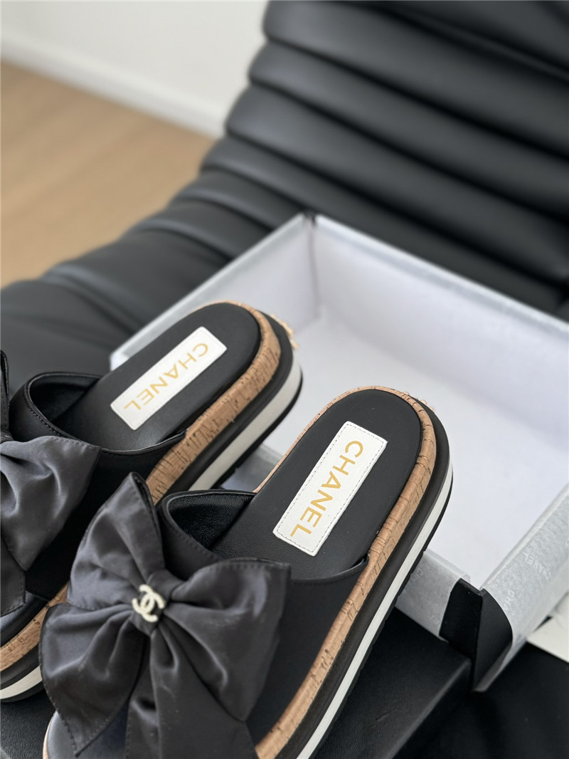 Ch**el silk bow leather platform sandals with crystal Ch**el black