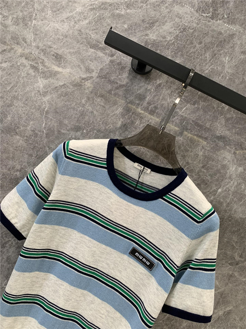 M1um1u round neck striped knitted short-sleeved top replica clothes