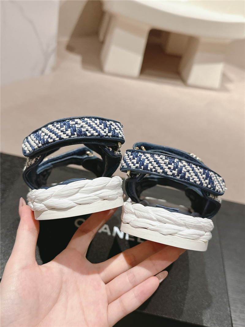 Ch**el crochet velcro straps beach sandals navy and white