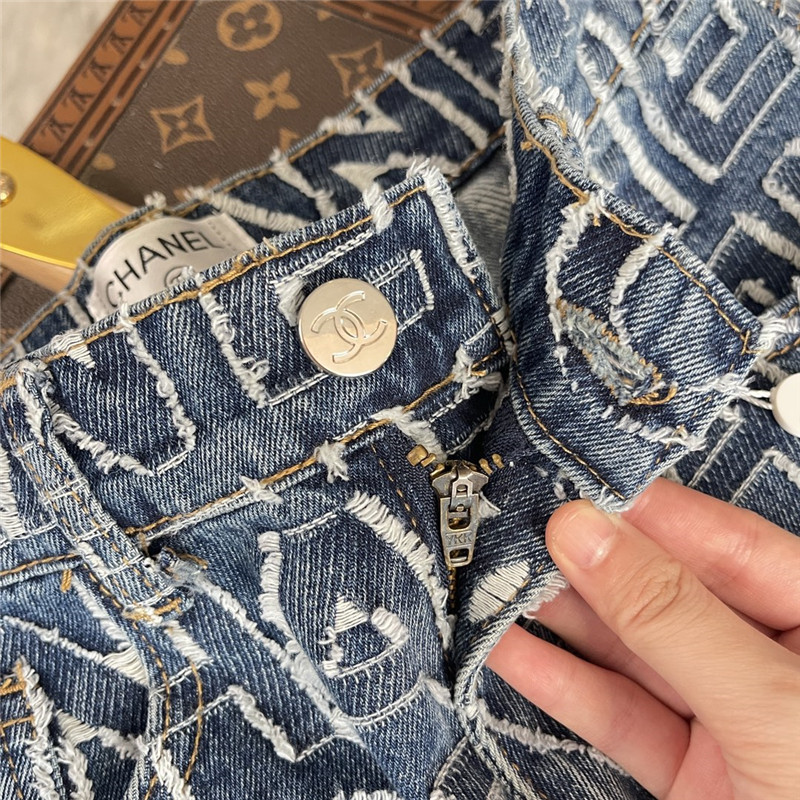 Ch**el patch lettering denim trousers replica clothing