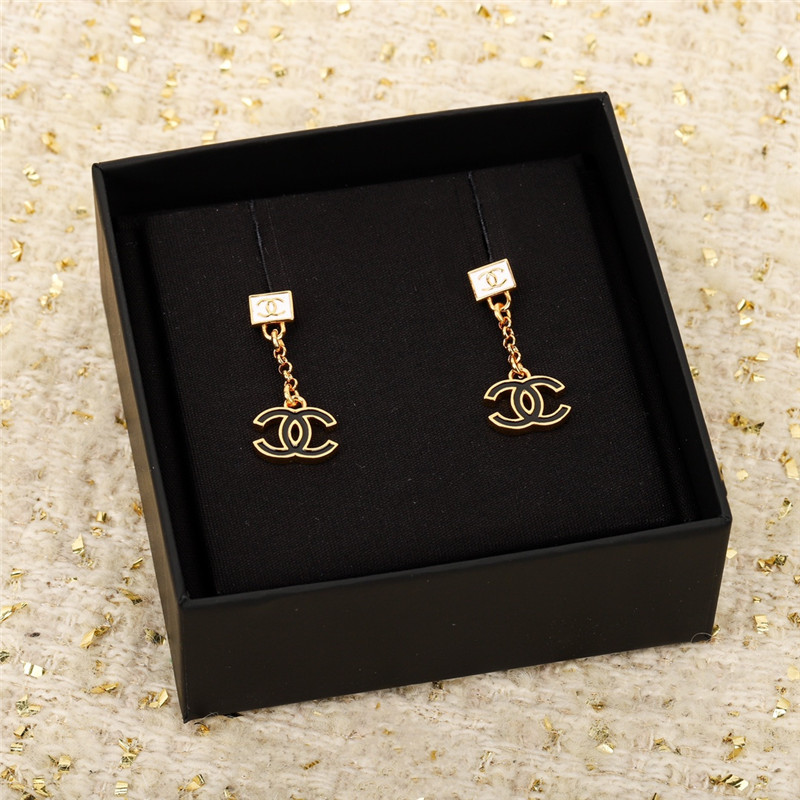 Ch**el white square black gold double c earrings