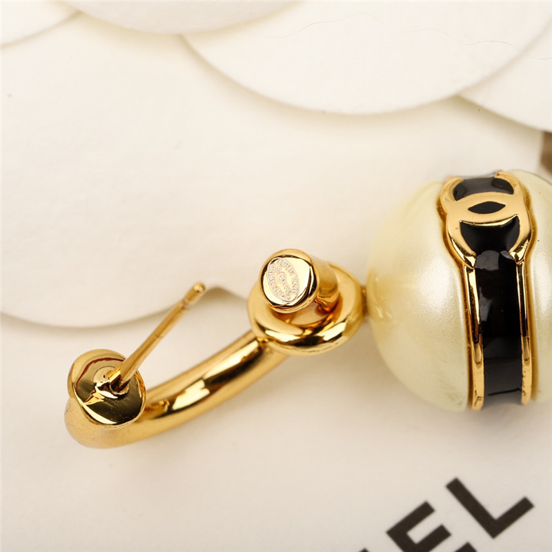 Ch**el pearl bean black enamel double c earrings