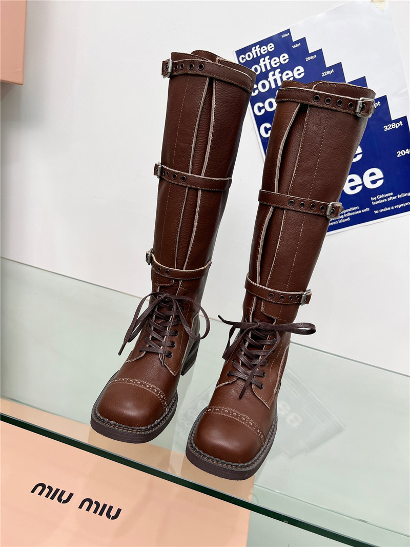 Miu Miu Brown Leather Buckle Up Moto Boots
