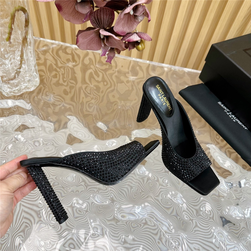 Sa1nt Lau*nt sept satin mules with rhinestones in black