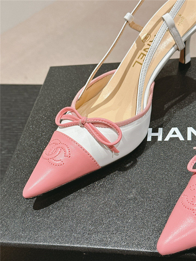 Ch**el white and pink bowknot pointed slingback pumps