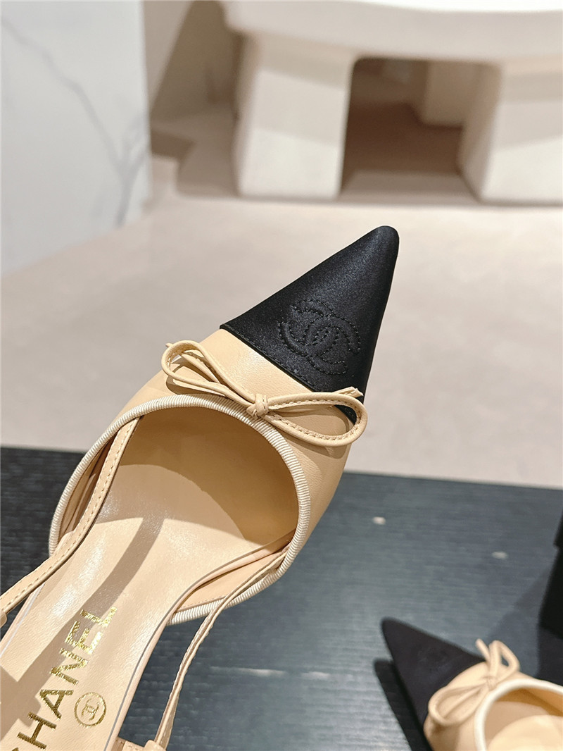 Ch**el bowknot pointed slingback pumps beige and black
