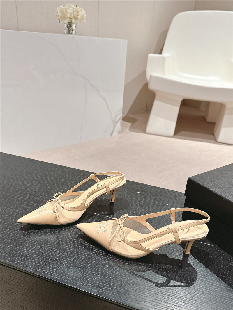 Ch**el beige mesh bowknot pointed slingback pumps