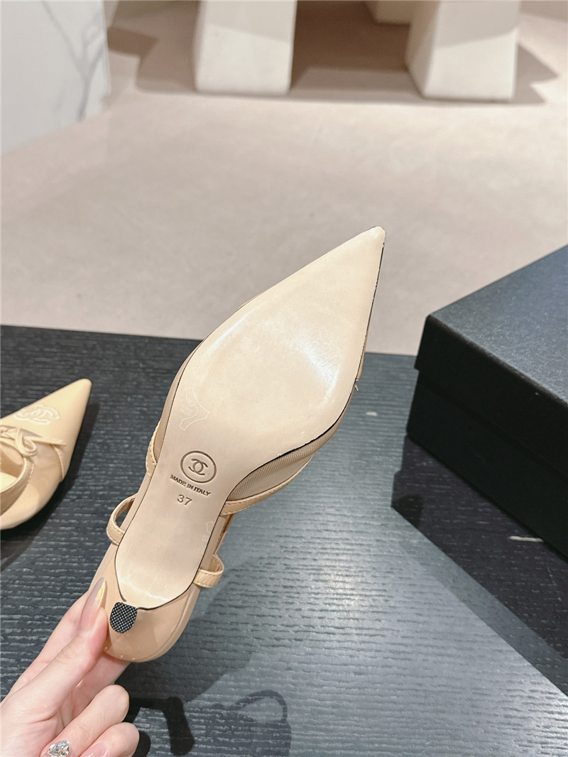 Ch**el beige mesh bowknot pointed slingback pumps