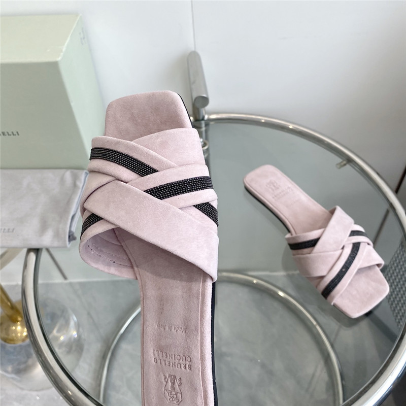 Brunello Cucinelli Beaded Crisscross Slides Neutral Suede