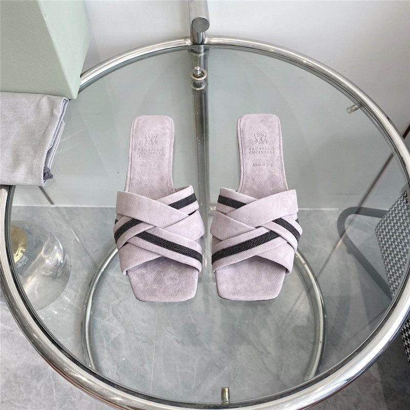 Brunello Cucinelli Beaded Crisscross Slides Pink Suede