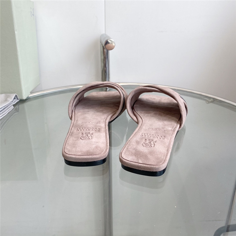 Brunello Cucinelli Beaded Crisscross Slides Beige Suede