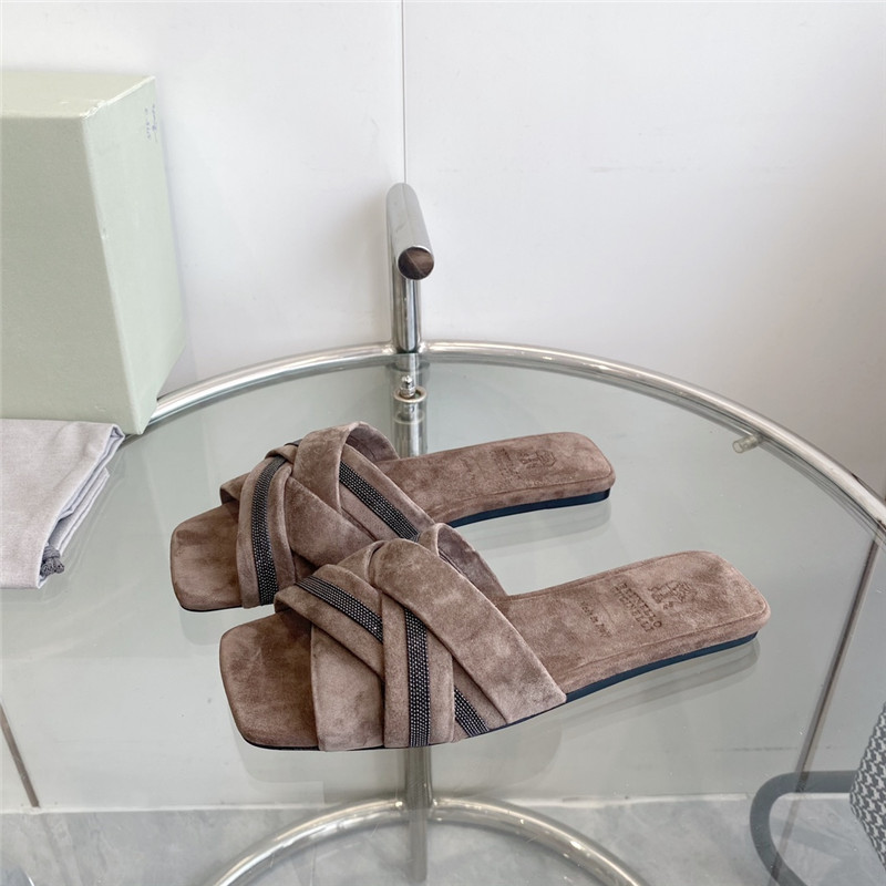 Brunello Cucinelli Beaded Crisscross Slides Brown Suede