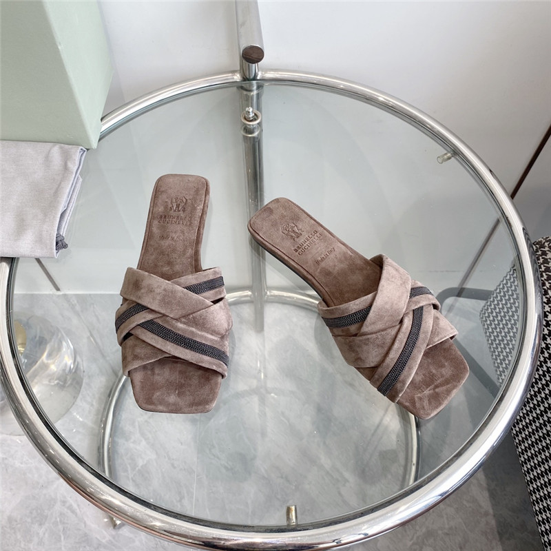 Brunello Cucinelli Beaded Crisscross Slides Brown Suede