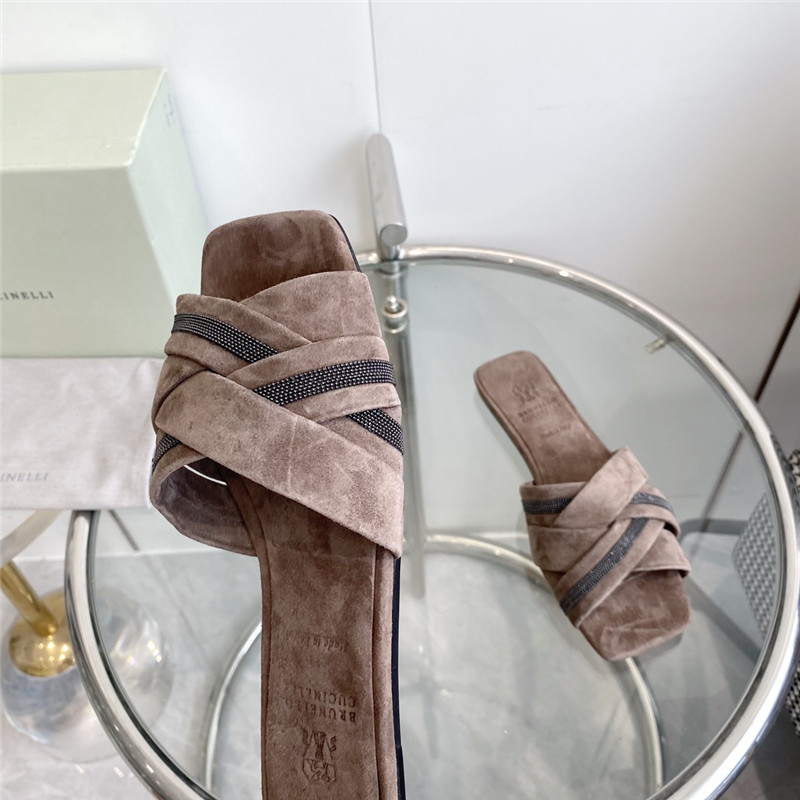 Brunello Cucinelli Beaded Crisscross Slides Brown Suede