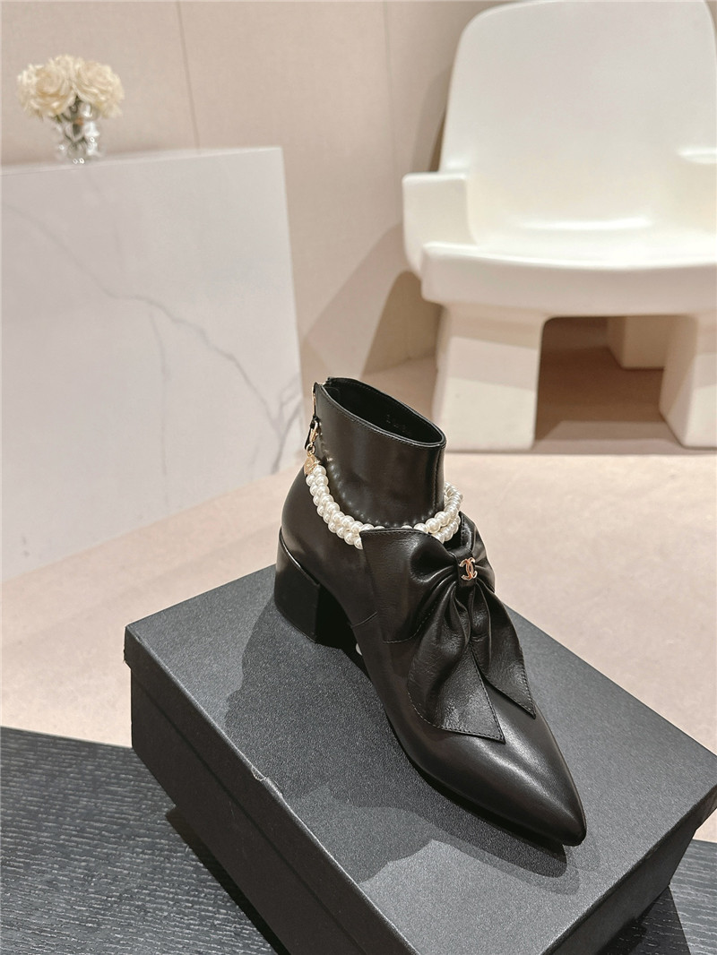 Ch**el white pointed toe bow pearl ankle boots