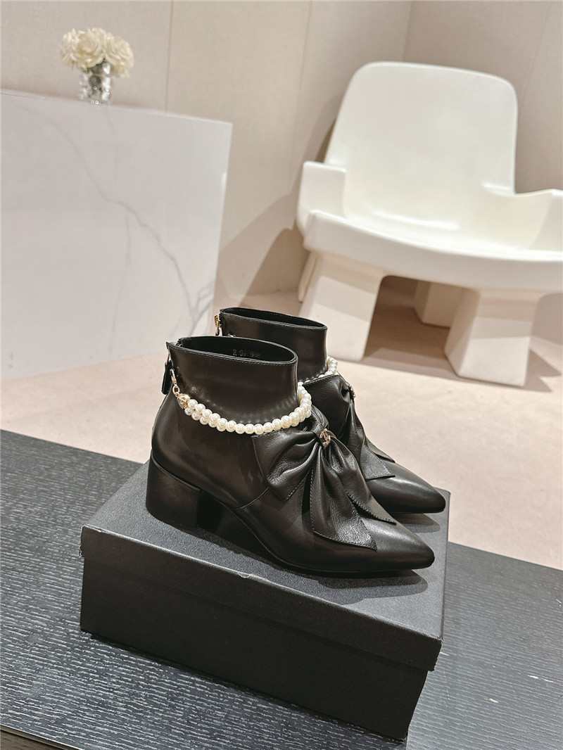 Ch**el white pointed toe bow pearl ankle boots