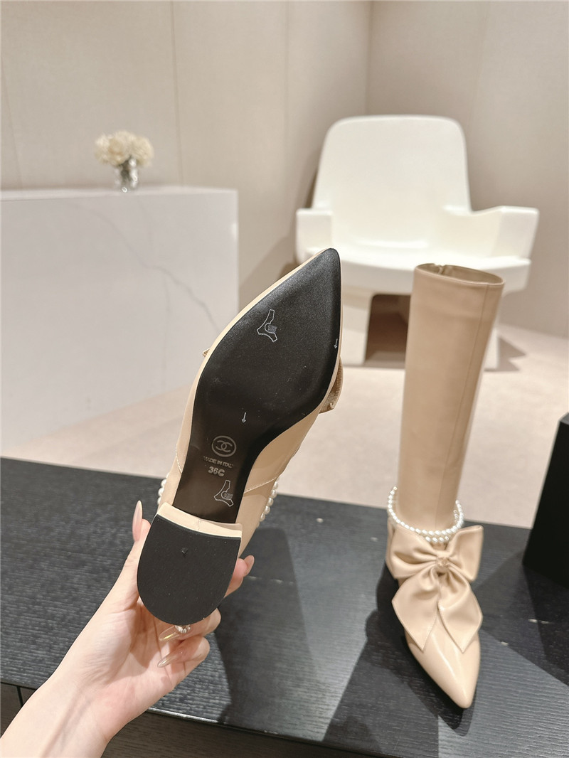 Ch**el beige pointed toe bow pearl keen high boots