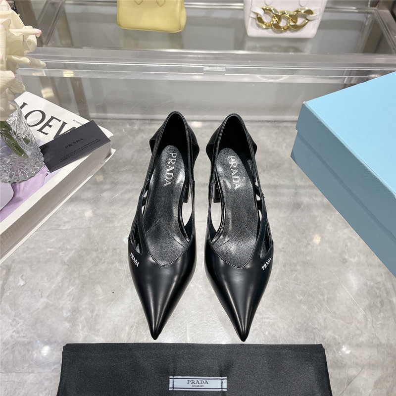 Pra*a cut-out black brushed leather chunky pumps