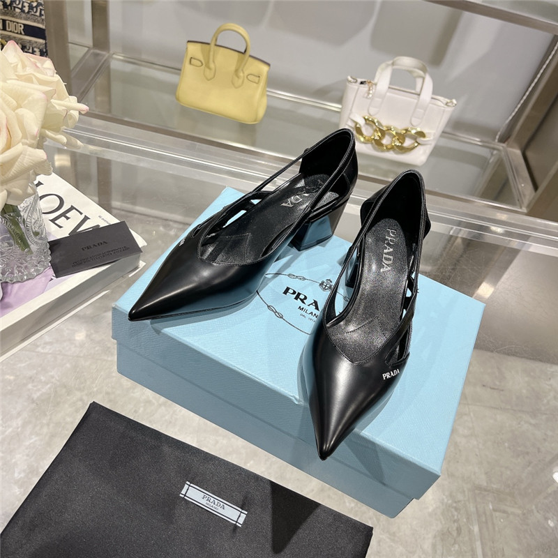 Pra*a cut-out black brushed leather chunky pumps