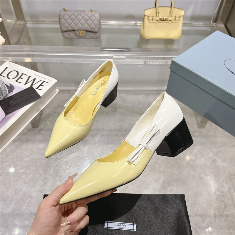 Pra*a chunky pointed pumps in yellow and white calfskin