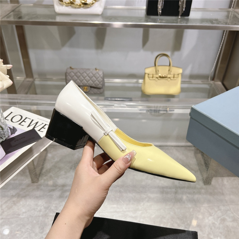 Pra*a chunky pointed pumps in yellow and white calfskin