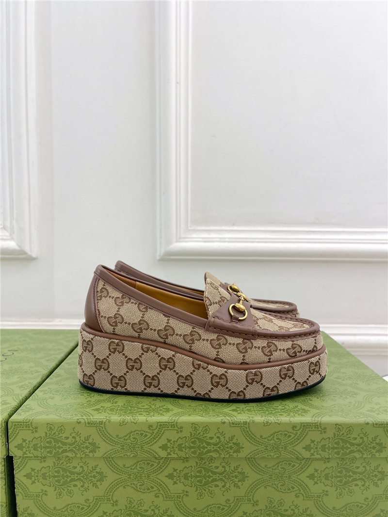 Gvc*1 horsebit wedge loafer in beige and ebony gg canvas