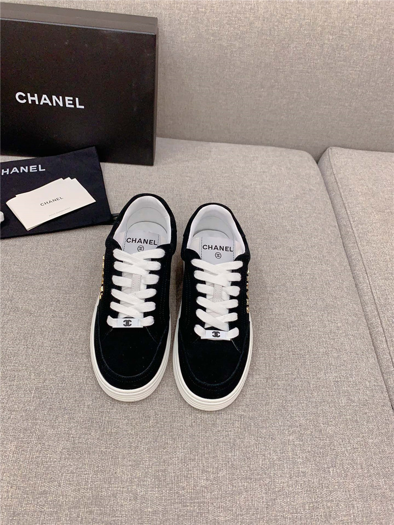Ch**el black suede leather lace-up trainers