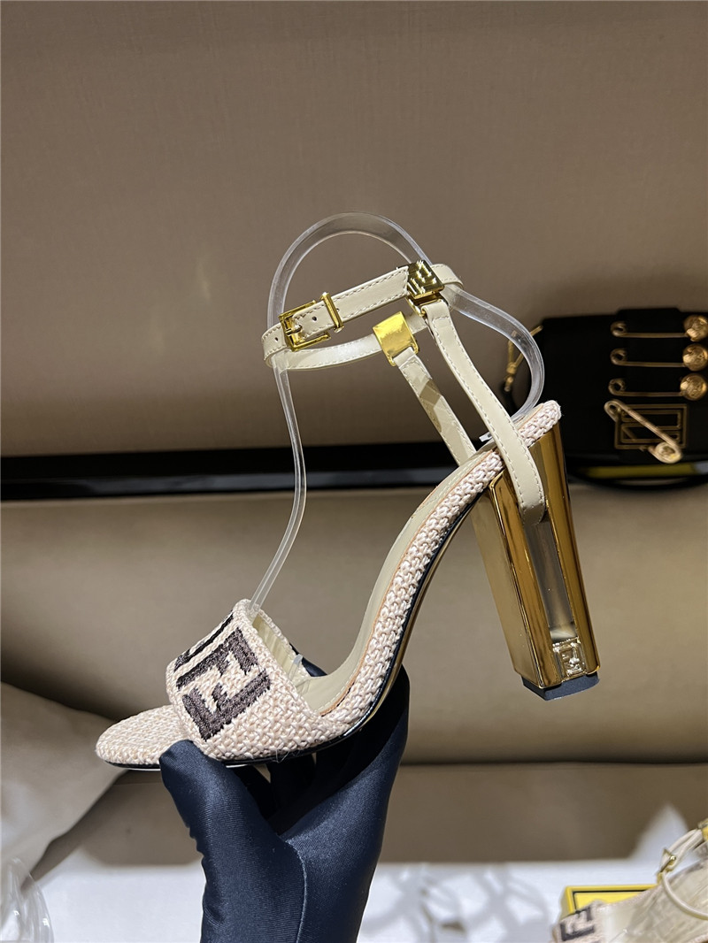 F**di delfina beige cotton fiber heel sandals