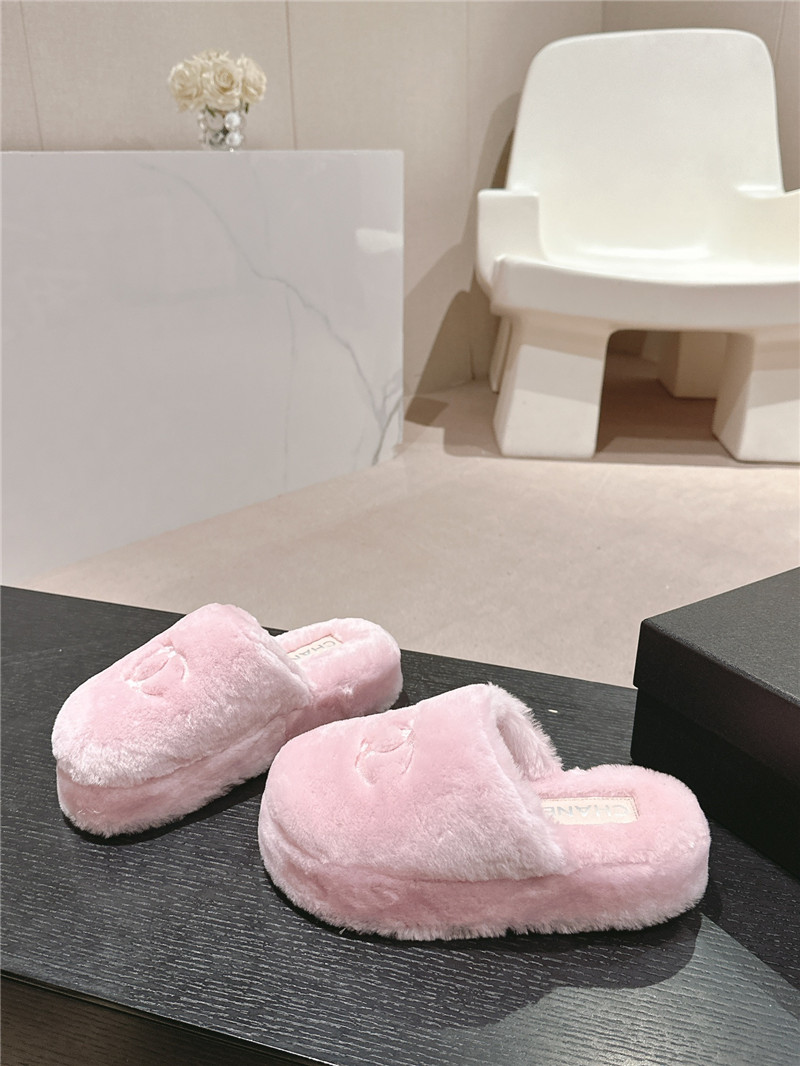 Ch**el embroidered pink fur flat platform mules