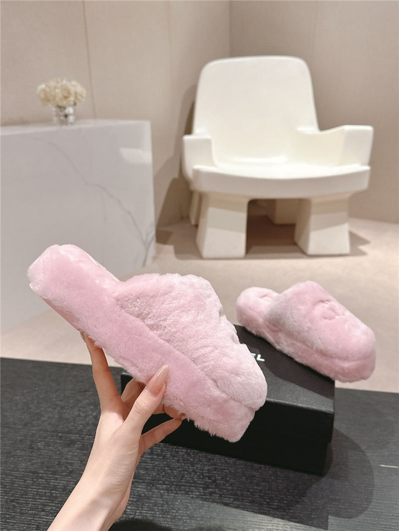 Ch**el embroidered pink fur flat platform mules