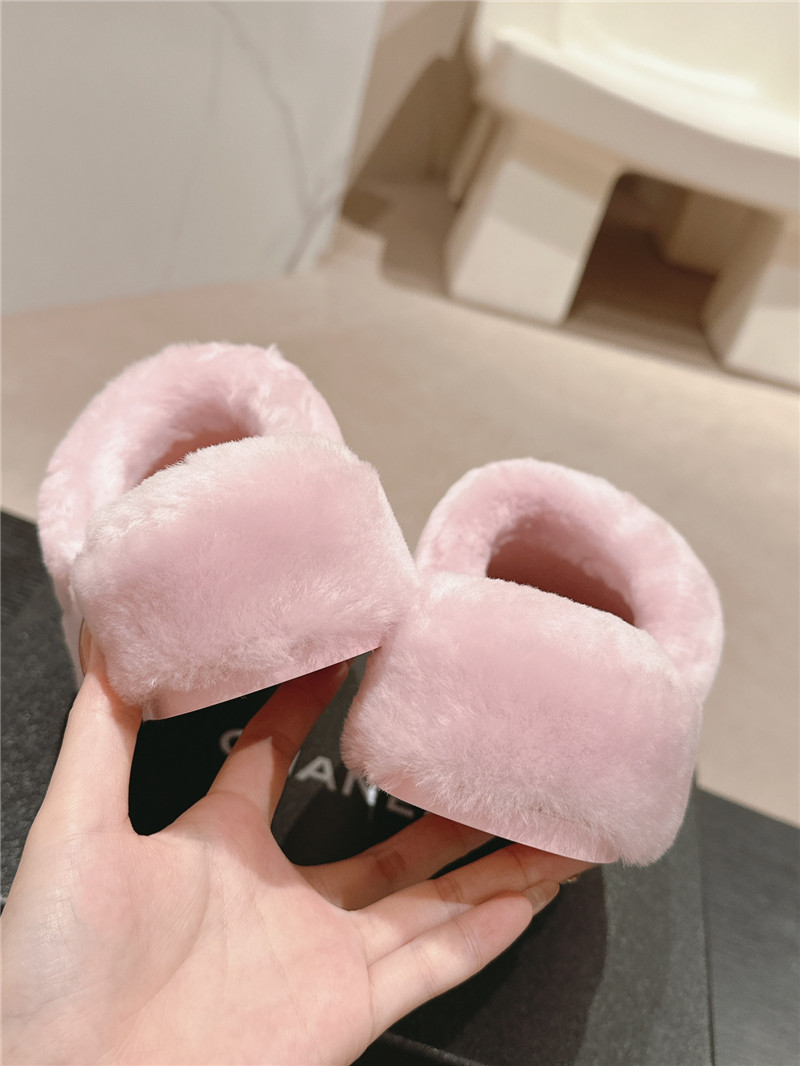 Ch**el embroidered pink fur flat platform mules