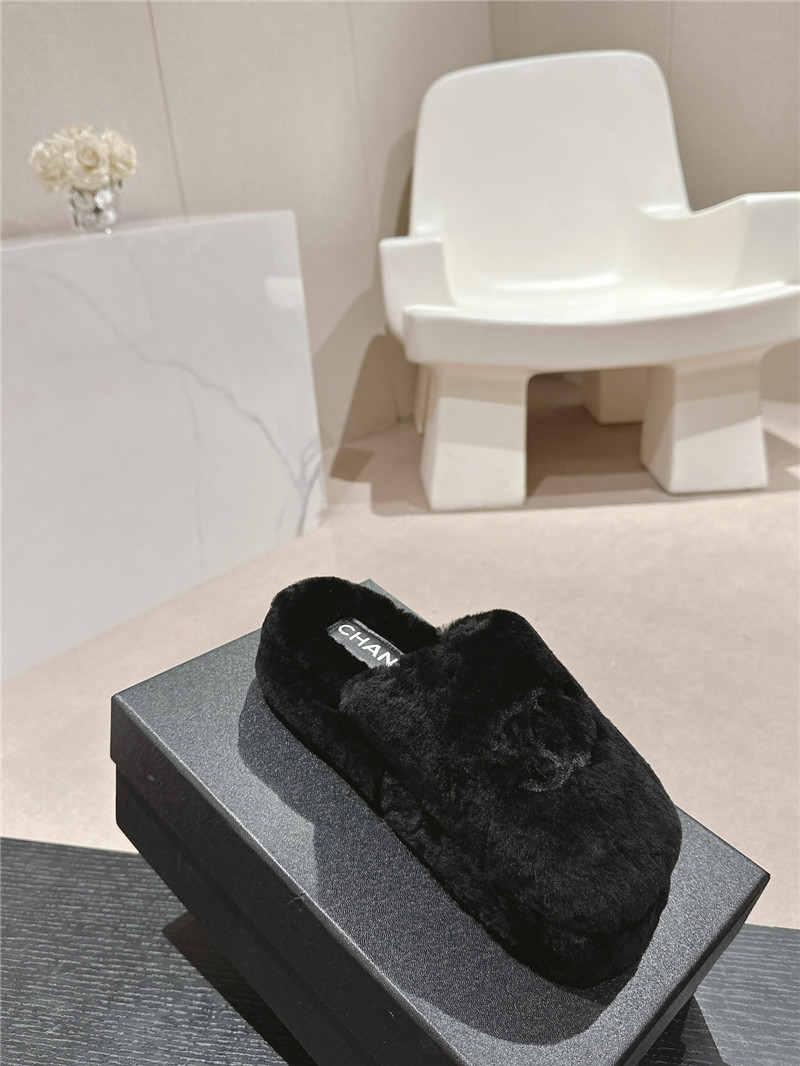 Ch**el embroidered black fur flat platform mules