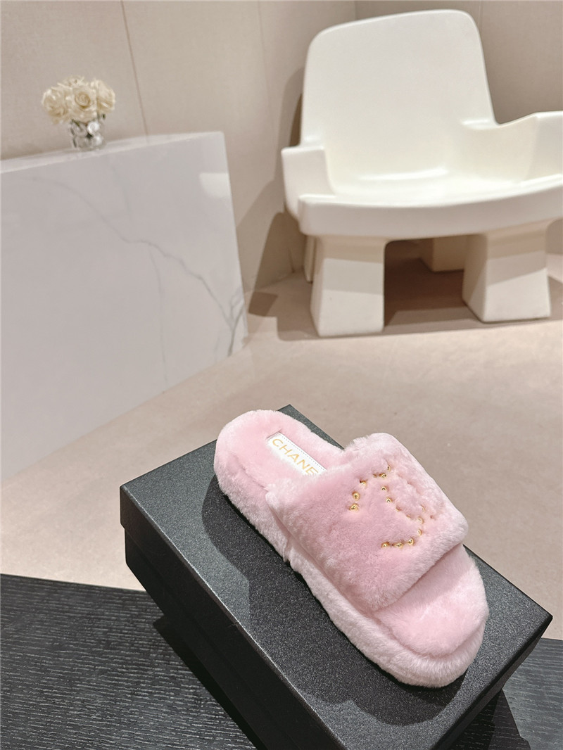 Ch**el beading flat platform mules pink fur