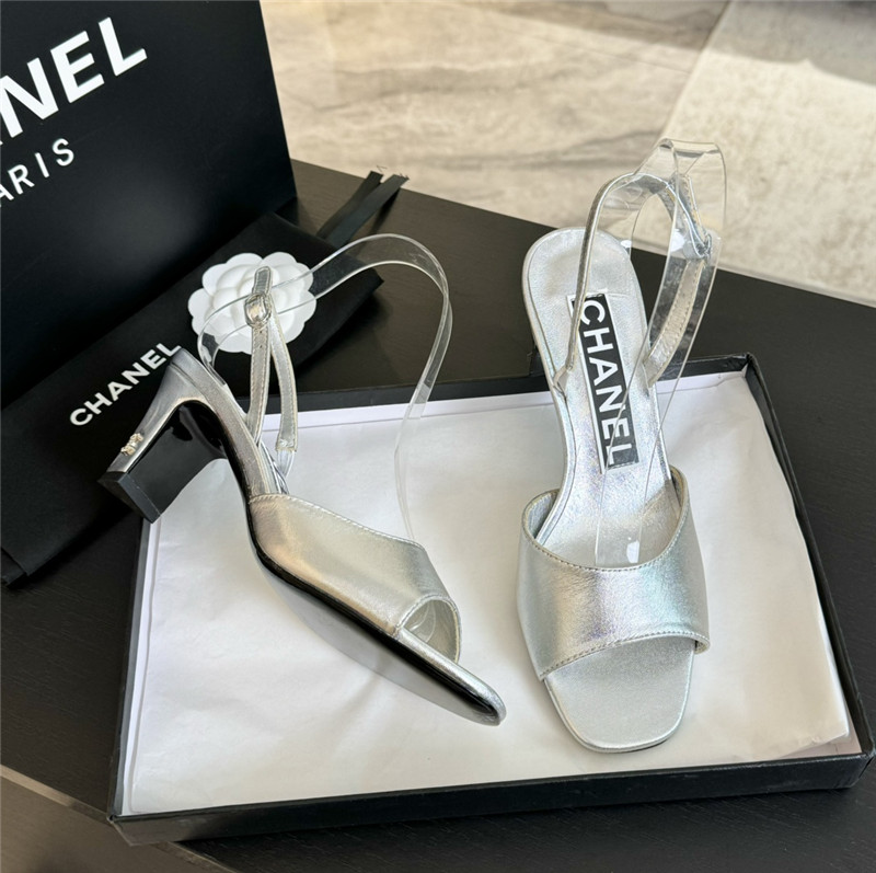 Ch**el silver leather open toe slingback sandals
