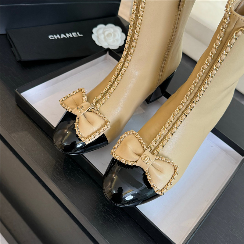 Ch**el calfskin bow patent leather ankle boots