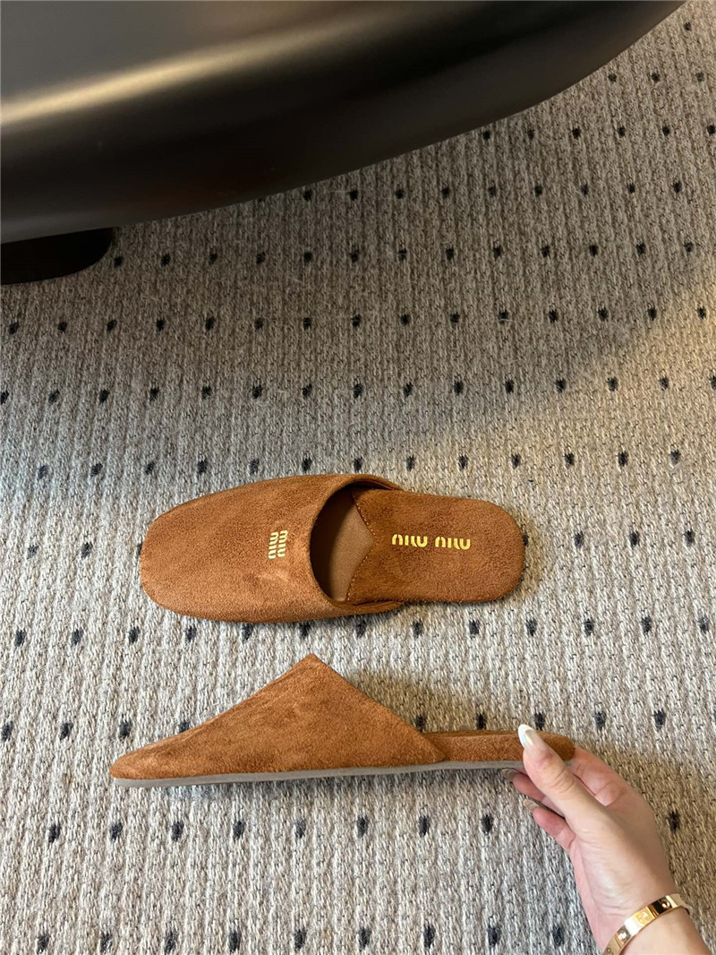 Miu Miu Camel Suede Slippers with Embossed Logo