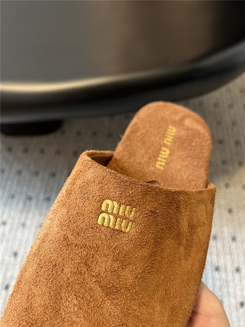 Miu Miu Camel Suede Slippers with Embossed Logo