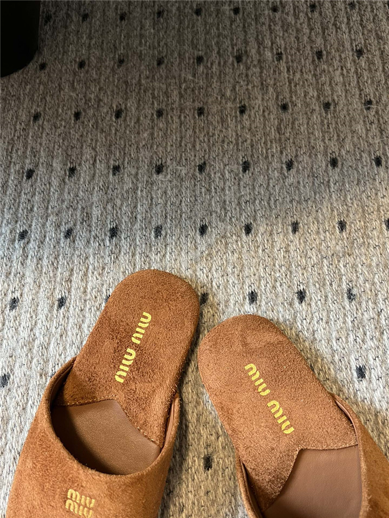 Miu Miu Camel Suede Slippers with Embossed Logo