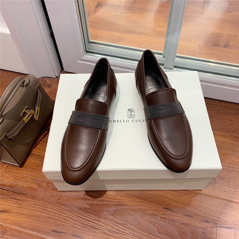 Brunello Cucinelli Brown Leather Penny Loafer with Monili