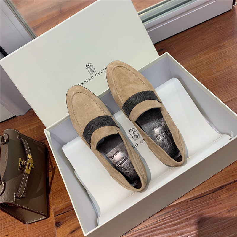 Brunello Cucinelli Hazelnut Suede Penny Loafer with Monili