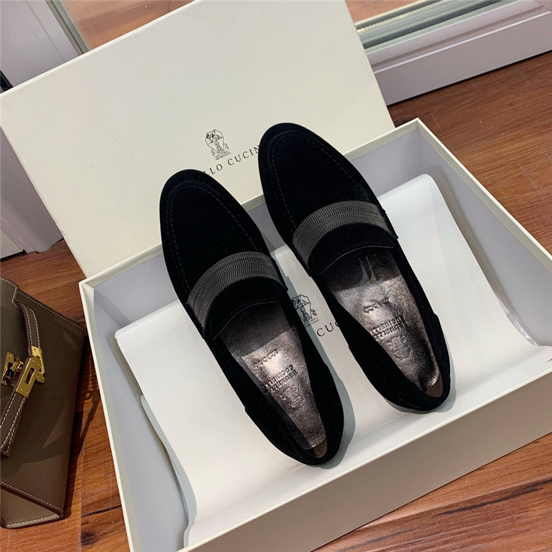 Brunello Cucinelli Black Suede Penny Loafer with Monili