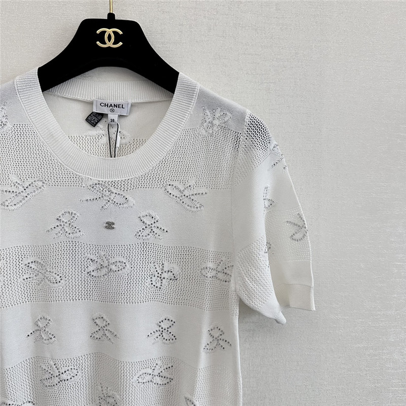 Ch**el bow rhinestone short sleeve replica designer clothes
