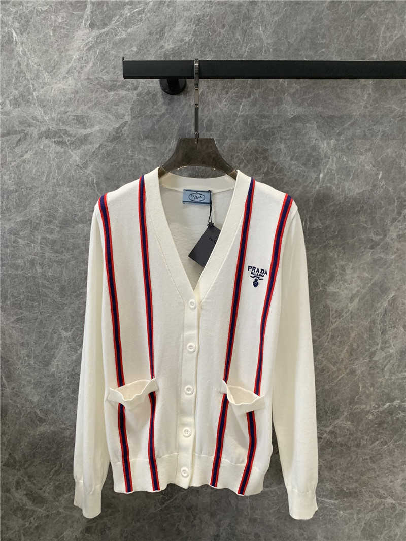 Pra*a contrast vertical striped knitted cardigan replica clothing