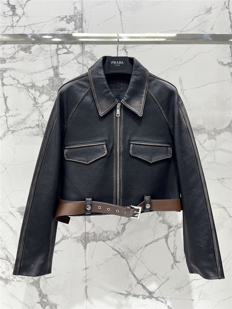 Pra*a short pu leather jacket replicas clothes